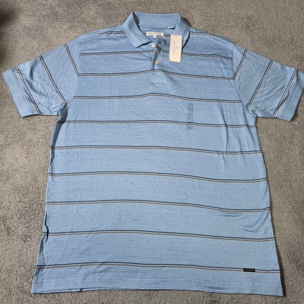 Alex Cannon Mens L Polo Shirt Freshwater Blue Striped Cotton Short Sleeve NEW